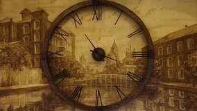 A clock on the wall with a mechanism and a clock face on the background of a beautiful image of a paved city street along which a river flows, and a bridge is located above the river. Ancient architec - Powered by Shutterstock - Get 15% off with code: PIKWIZARD15