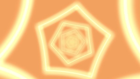 Abstract digital neon polygon shapes tunnel background. Blurred futuristic sparkling animation pattern that moves forward of orange and yellow colors. Technology and cyber concept with copy space