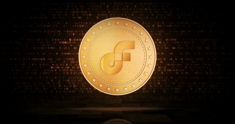 Flow, altcoin cryptocurrency gold coin on loopable digital background. 3D seamless loop concept. Rotating golden metal looping abstract animation.