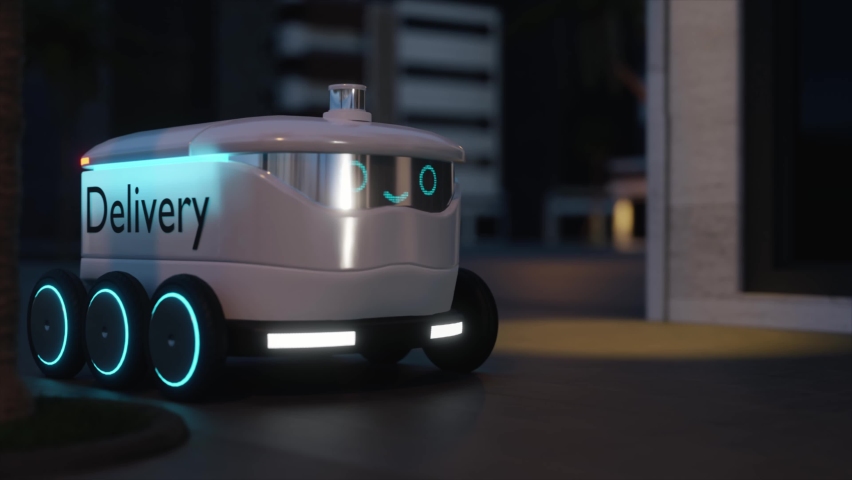 Automated Delivery Robot with Self Driving Technology Moving on Urban Night Street. Cyber-Courier with Emotion Display Delivering Order, Parcel to Customers. Future Industry of Delivery Logistic | Shutterstock HD Video #1089298145