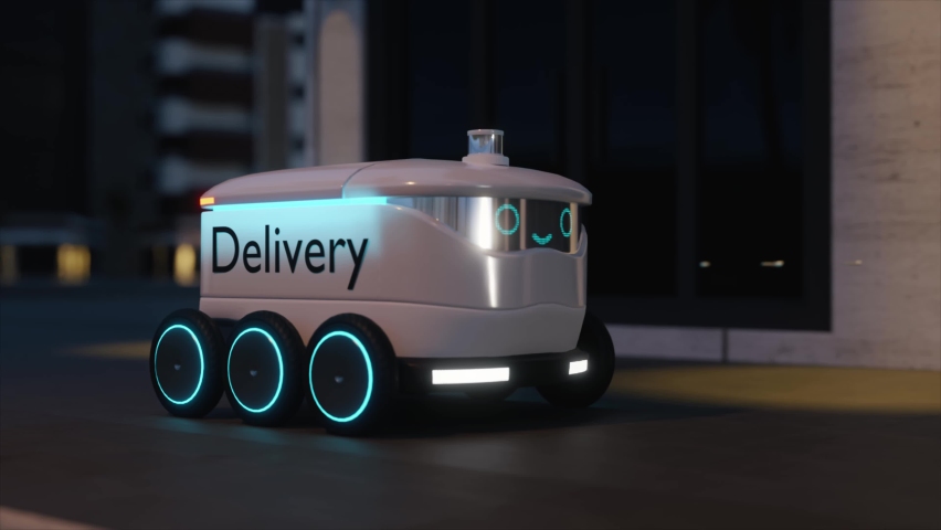 Automated Delivery Robot with Self Driving Technology Moving on Urban Night Street. Cyber-Courier with Emotion Display Delivering Order, Parcel to Customers. Future Industry of Delivery Logistic | Shutterstock HD Video #1089298145