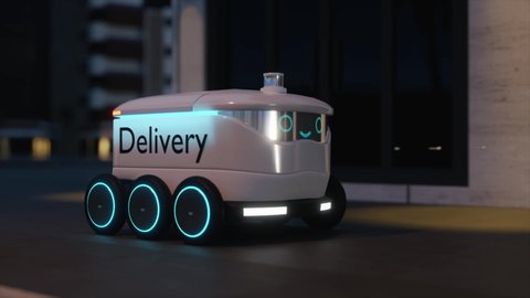 Automated Delivery Robot with Self Driving Technology Moving on Urban Night Street. Cyber-Courier with Emotion Display Delivering Order, Parcel to Customers. Future Industry of Delivery Logistic