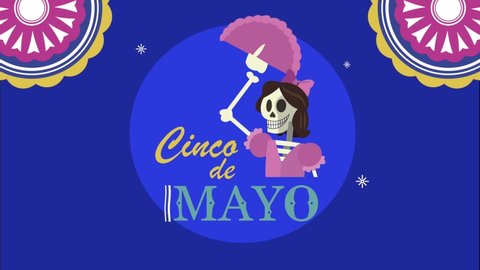 cinco de mayo lettering with skeleton lady , 4k video animated