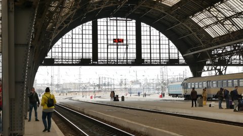 LVIV, UKRAINE - JANUARY 5, 2018: Inside Lviv railway station in Ukraine. Arch construction. 4K, Editorial, Pan. Handheld shot