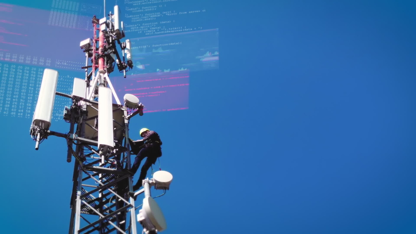 Engineer climbing antenna to re-establishing the internet connection - 3D render Royalty-Free Stock Footage #1089305669