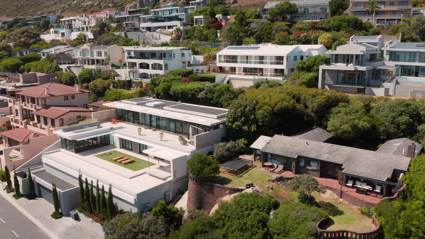 Vacation Rental With Luxury Villas At Llandudno Waterfront In Cape Town, South Africa. Aerial Drone Shot