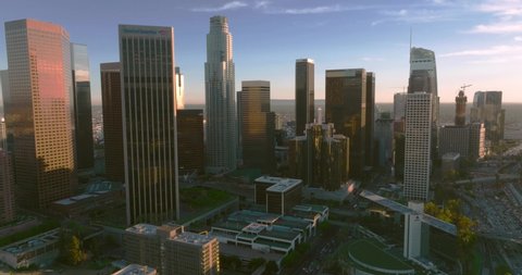 Los Angeles downtown with skyscraper. California LA, Los Angels city center aerial flying with drone.