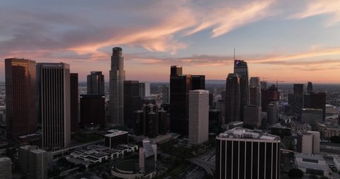 Aerial drone shot flying on downtown Los Angeles. Urban aerial view of downtown Los Angeles. Los-angeles aerial view, flying with drone.