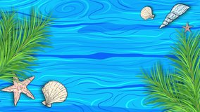 Summer Time and Holiday Concept Animated Creative Banner Design Template. Seashells with fresh plants inside blue water. Summer Vacation or Traveling concept. Add your own design or text.
