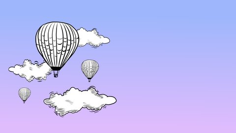 Animated Vintage Hand Drawn Fort Air Balloons with Clouds Sketch Flying in Beautiful Sky Gradient. Layout or Banner Animation Template for Website videos or Tv