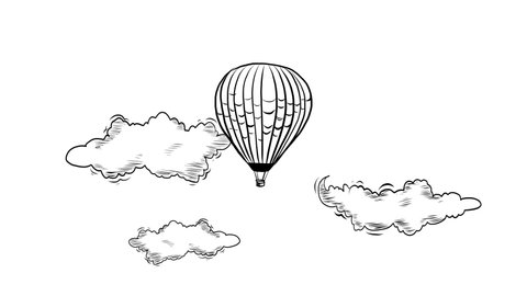Animated Hand Drawn Hot Air Ballon in Black and White Isolated on White Background. Transportation and Travel Concept Creative Design Element. Retro Style Clouds Animations. 4k Motion Video Design.