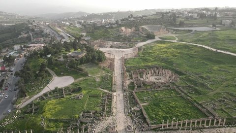 Aerial view over ancient Roman ruins of the city Jerash or Gerasa in Jordan, historical site