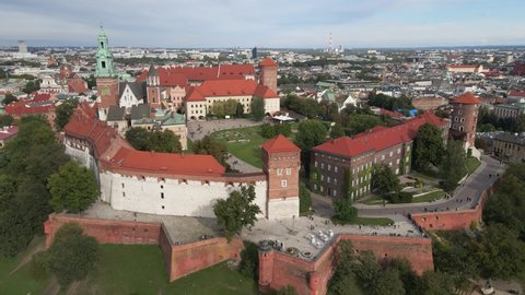 Aerial view of Crakow Royal Wawel Castle, cathedral, defensive walls and promenade. Crakow, Poland.