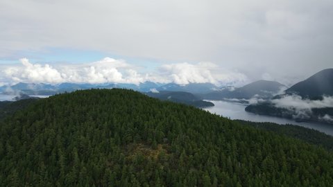 The Manzanita hut deep in the lush forest of the Sunshine Coast near Powell River in British Columbia, Canada. Wide angle aerial pullback shot 