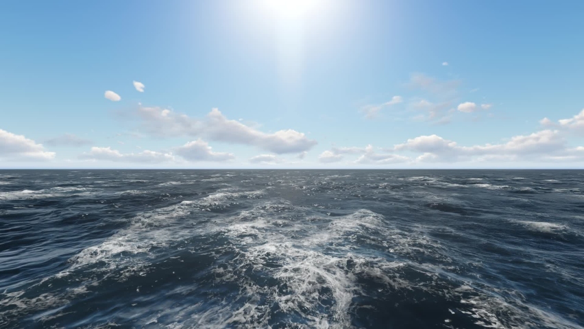 Ocean fly over,HD high speed animation just above the ocean waves facing the sun