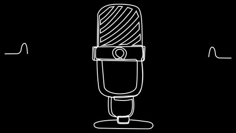 Line microphone animation with sound waves. Audio technique of a streamer, a podcaster, a musician. Contour equipment of audio broadcasting. White lines on white. 