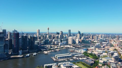 Aerial drone view of Sydney City and Sydney's Darling Harbour on a sunny day    