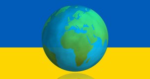 Animation of hearts and globe over flag of ukraine. ukraine crisis and international politics concept digitally generated video.