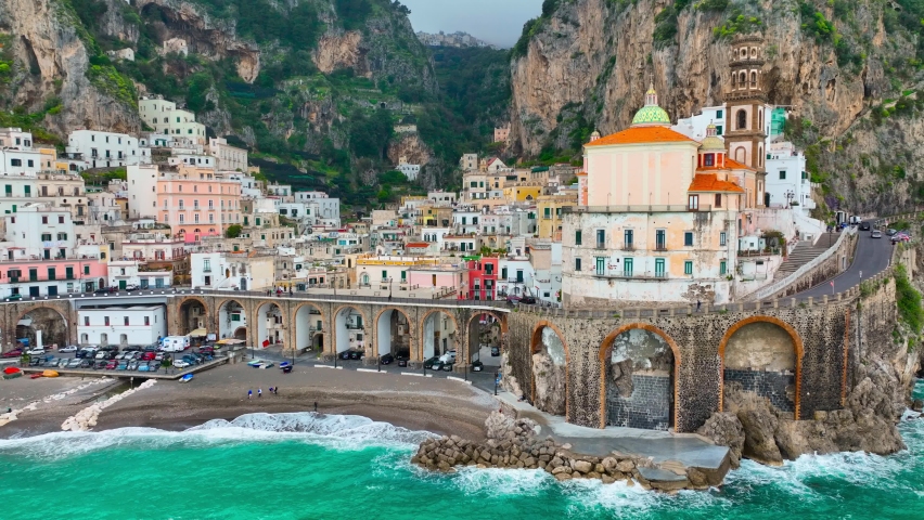 Amalfi town on the Amalfi coast in Italy on the Mediterranean Sea, colourful houses on cliffs of a famous resort in southern Italy, flying above Amalfi coast. High quality 4k footage | Shutterstock HD Video #1089317271