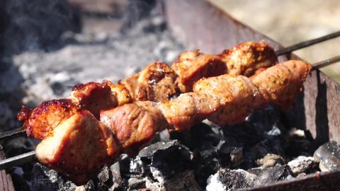 Barbecue Grilled pork kebabs meat lamb kebab marinated barbecue meat shashlik shish kebab outdoors picnic. Shashlik or Shish kebab popular in Eastern Europe and Russia. Slow motion. Selective focus