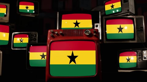 Flag of Ghana and Vintage Televisions. 4K Resolution.