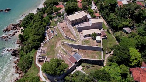 Aerial Partial Side Orbit Historic Stone Sao Jose da Ponta Grossa Fortress Florianopolis Brazil Santa Catarina Day Drone 4k