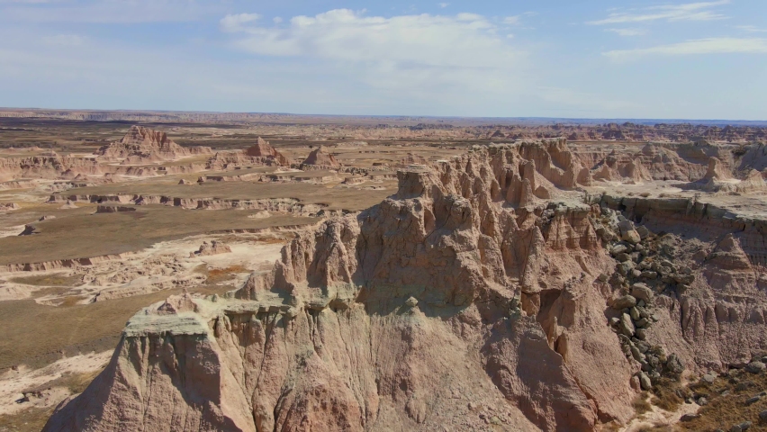 Fly over north side of Badlands National Park in South Dakota