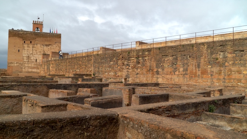 Pan inside exterior part of Alhambra Palace in Granada, Spain