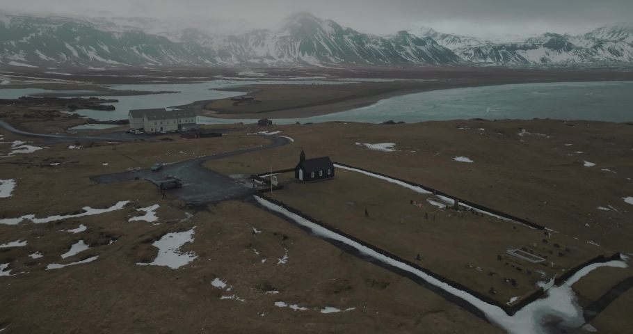 Cinematic Aerial View of Famous Landmark Church Building in Iceland