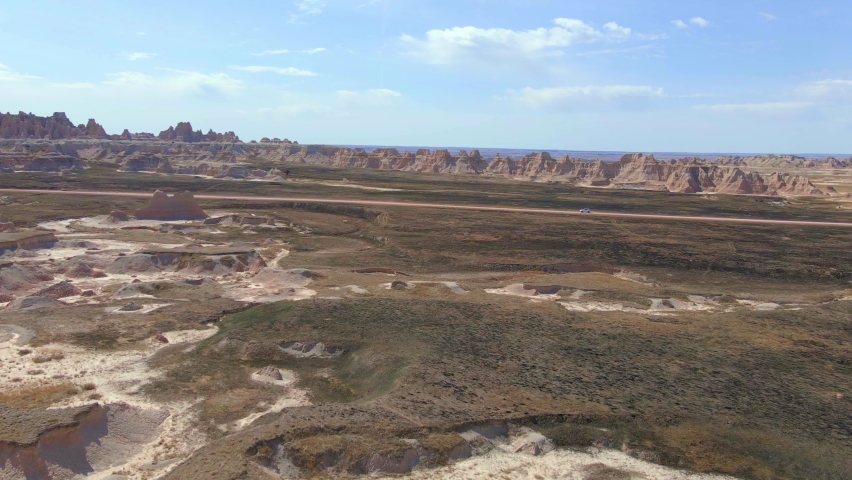 Fly over grassland in Badlands National Park, South Dakota