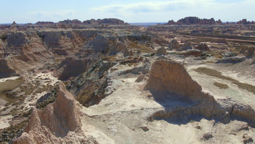 Fly over natural landscape in Badlands National Park in South Dakota