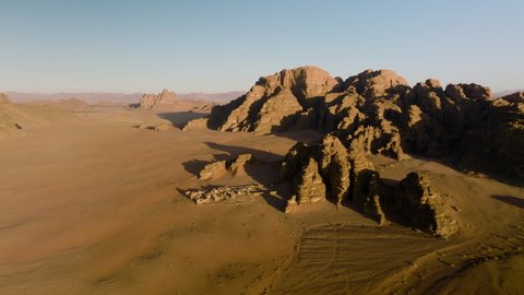 Aerial View Of Wadi Rum Desert With Sandstone Cliffs And French Fortress In Jordan.
