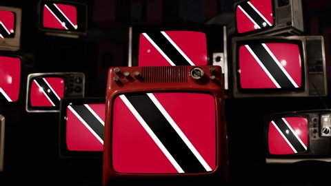 Flag of Trinidad and Tobago and Vintage Televisions. 4K Resolution.