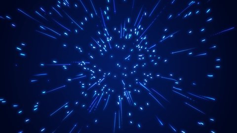 Abstract colorful blue particles falling down on black background meteoric shower loop Animation. Neon light stripes, streamers flying in the dark. travel through space and time at the speed of light.