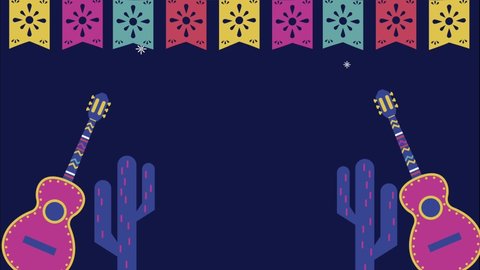 mexican celebration party with guitars and cactus , 4k video animated