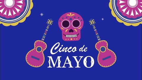 cinco de mayo lettering with skull and guitars , 4k video animated