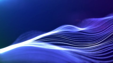 Abstract digital lines wave background. 3d animation, sci-fi background with glow lines and depth of field. Pattern with wawe lines. neon blue colors. Business science and Technology. High quality 4k