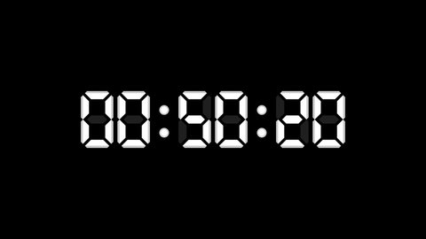 One Minute Time Count with Digital Numbers White Digits on Black Background