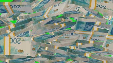 Many wads of money falling on chromakey background. 200 Israeli Shekel banknotes. Stacks of money. Financial and business concept. Green screen.