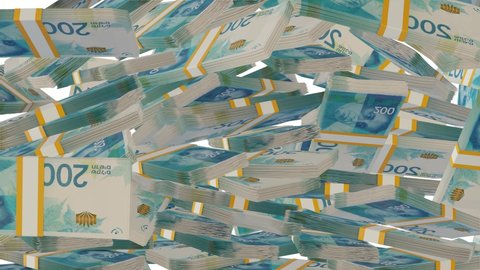Many wads of money falling on table. 200 Israeli Shekel banknotes. Stacks of money. Financial and business concept.