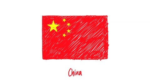 China Flag Marker Whiteboard or Pencil Color Sketch Looping Animation