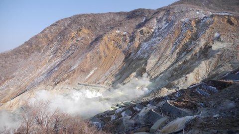 Sulfur Mines in Owakudani, Hakone. The volcanic zone with sulfurous fumes. High quality FullHD footage