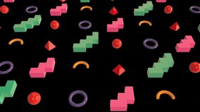 Animation of colourful shapes over spiral orange and green shapes on black background. shadow, pattern and colour concept digitally generated video.