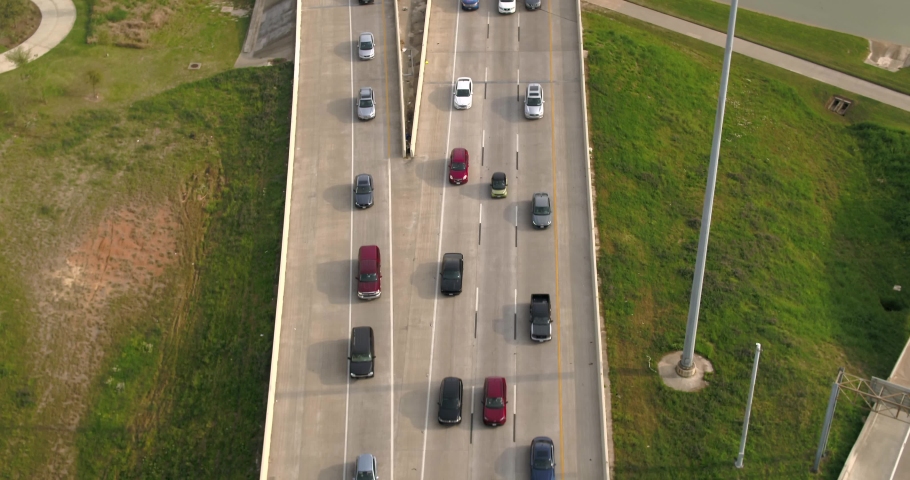 Aerial of cars on 45 North freeway near downtown Houston