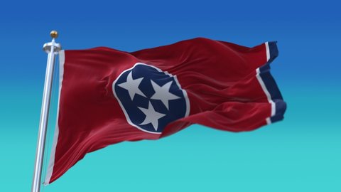 4k Tennessee flag,State in United States America,cloth texture slow seamless loop waving with visible wrinkles in wind USA blue sky background.A fully digital rendering,animation loops at 20 seconds. 