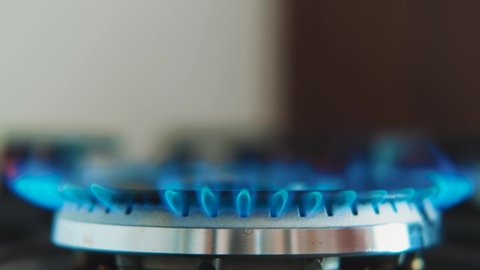 Kitchen burner is ignited in a bright blue flame, fire for cooking. Background black color design cooktop, hob. Gas stove being turned on by a lit burner. Natural gas concept inflammation, close up.
