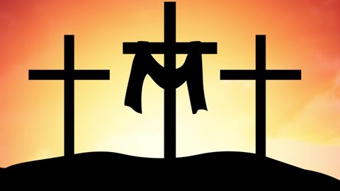 Sunday, He is risen. mount Calvaryand three silhouettes of crosses at sunrise., with text He is risen 4K Animation