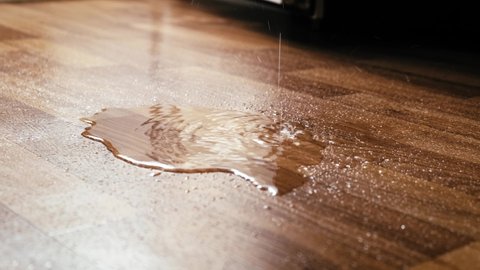 Water drips from above onto the floor in the apartment, close-up. Flood concept