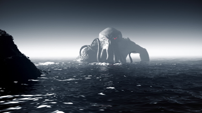 Deep Dark Sea Monster Cthulhu. Deep dark scary ocean. Seamless looping fluid animation. Blue mysterious glow under waves. Cthulhu monster. turbulent storm. Royalty-Free Stock Footage #1089348959