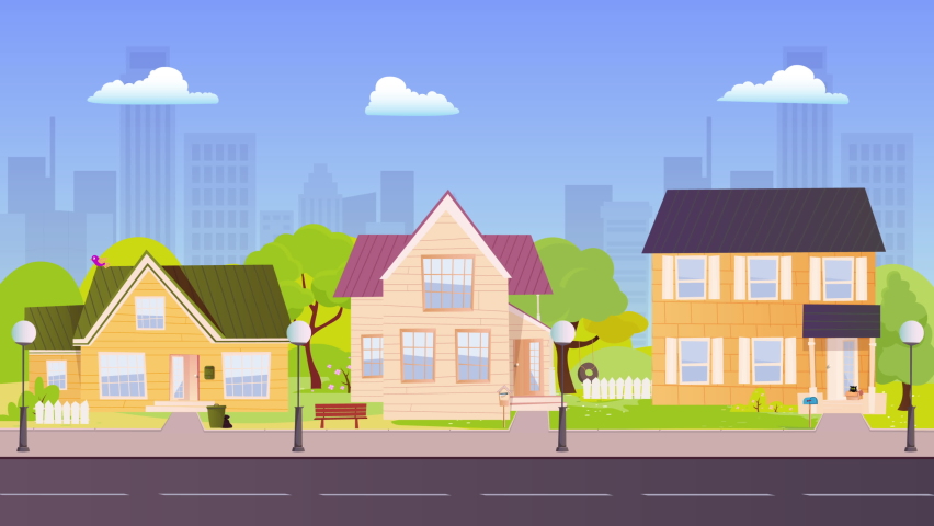 Endless Animation of different city houses along the street in flat style. Video of Street with three classic houses in Suburb of Big City in summer with trees, birds buildings, lights, road and cars.